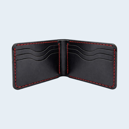 U&E Leather handcrafted black bifold wallet with contrasting red hand-stitched detailing and multiple card slots.