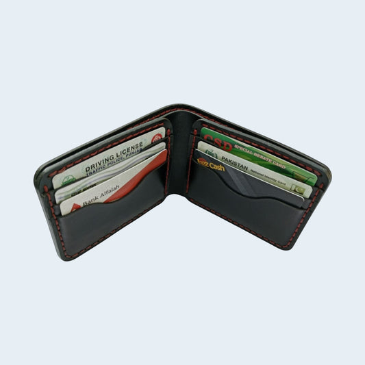 U&E Leather handcrafted black bifold wallet with red hand-stitched detailing and multiple card slots.