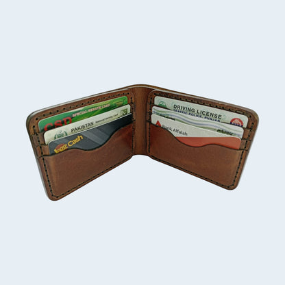 U&E Leather handcrafted brown bifold wallet with visible hand-stitched detailing and multiple card slots.